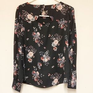 Loft Women's Black Floral Long Sleeve Tunic Blouse Size Medium Petite